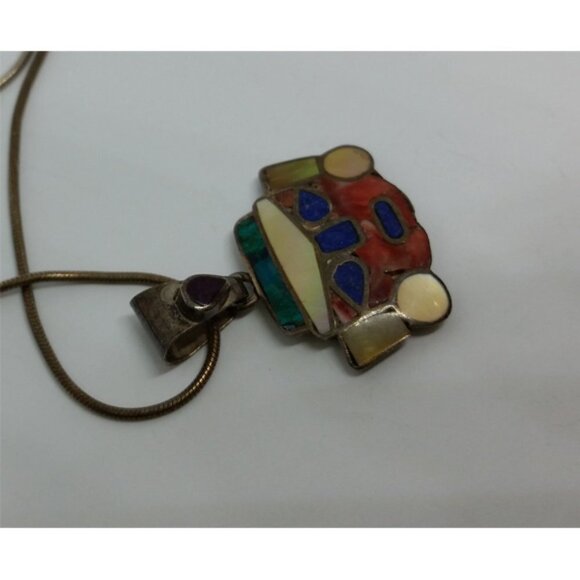 Peruvian Inca Gemstone Tribal Face Inlay Pendant  950 silver purity - Picture 5 of 6